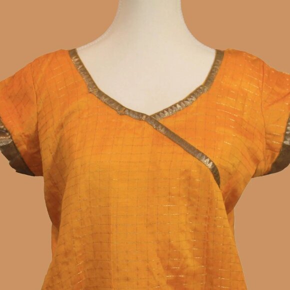 Yellow and Blue Silk Kurta with Gold Border | Muvvas Boutique - Picture 3 of 5
